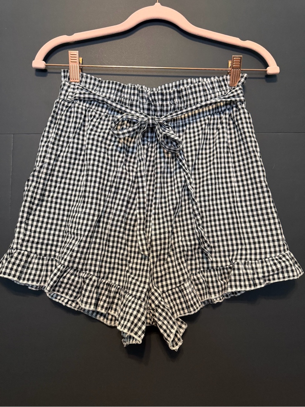 SHEIN Black and White Gingham Tie-Waist Ruffle High-Waist Shorts